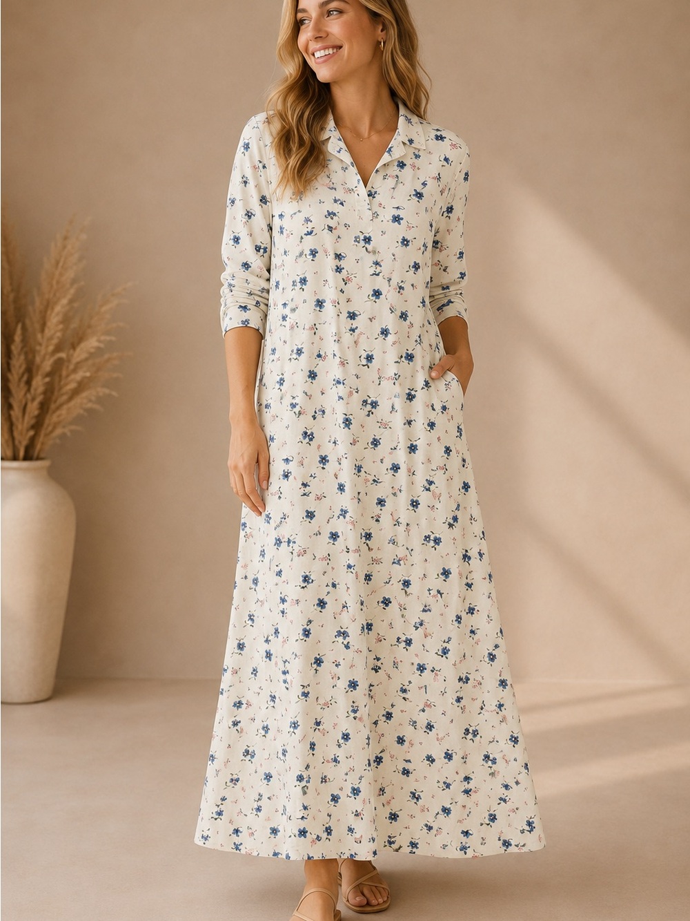 Secret Treasures Cream Maxi Shirt Dress with Blue Floral Print 2X